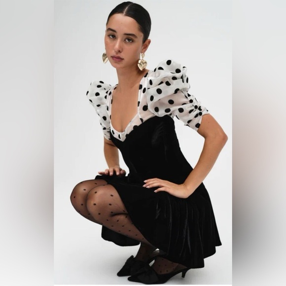 For Love & Lemons Dolly Black Velvet Polka Dot Tulle Puff Sleeve Mini Dress NWT - Picture 2 of 5